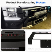 Heavy-duty black steel 4x4 front bumper with integrated LED light bar and spotlight recesses.