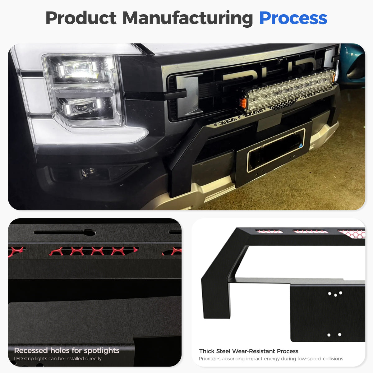 Heavy-duty black steel 4x4 front bumper with integrated LED light bar and spotlight recesses.
