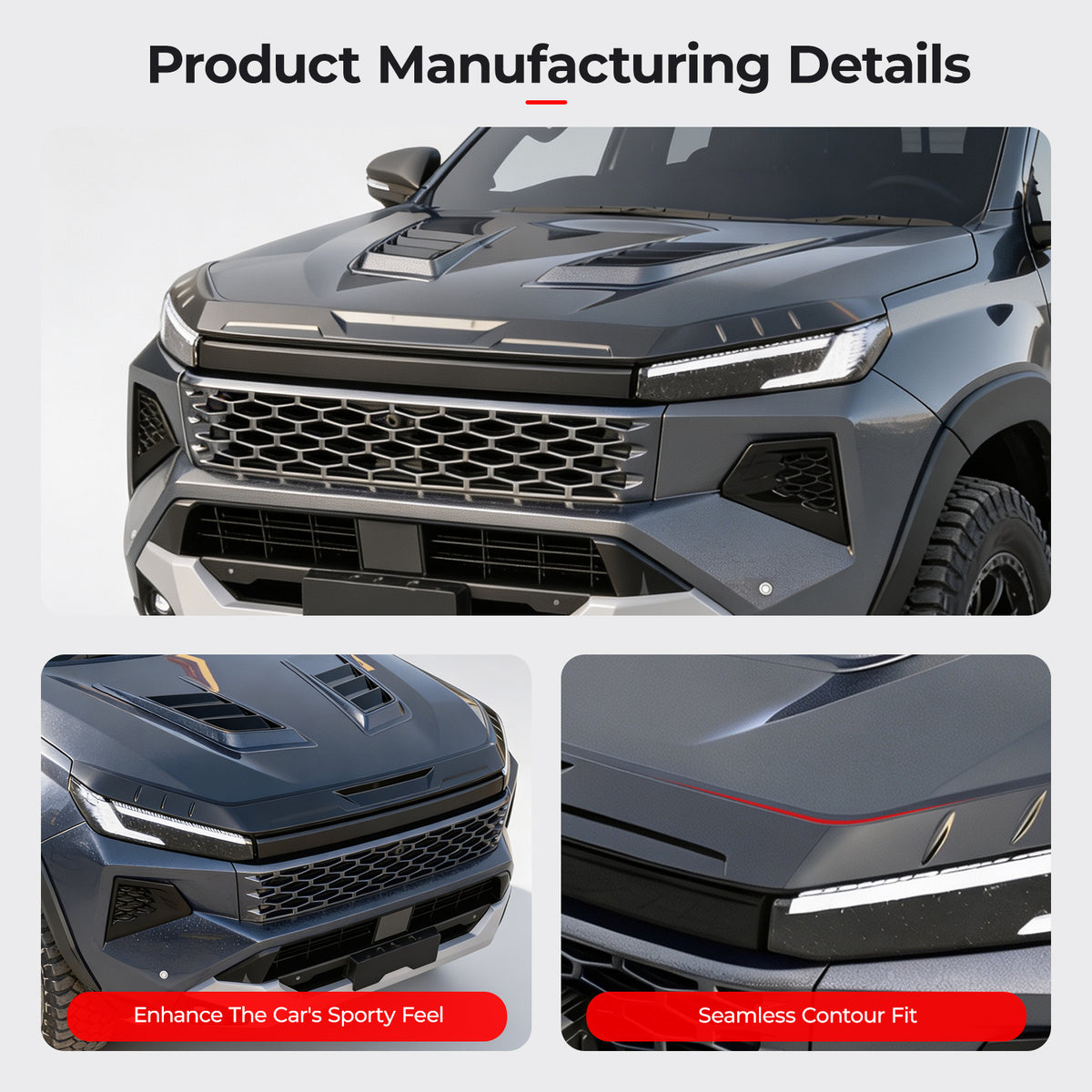 Close-up of a grey 4x4 vehicle featuring a custom hood scoop and aerodynamic front grille design.