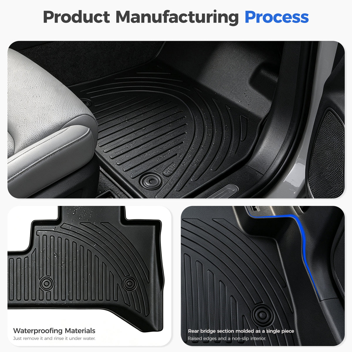 Waterproof all-weather vehicle floor mats with non-slip ridges and raised edges.
