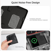 Eco-friendly silicone vehicle console liner showing flexible design and wireless charging fit.