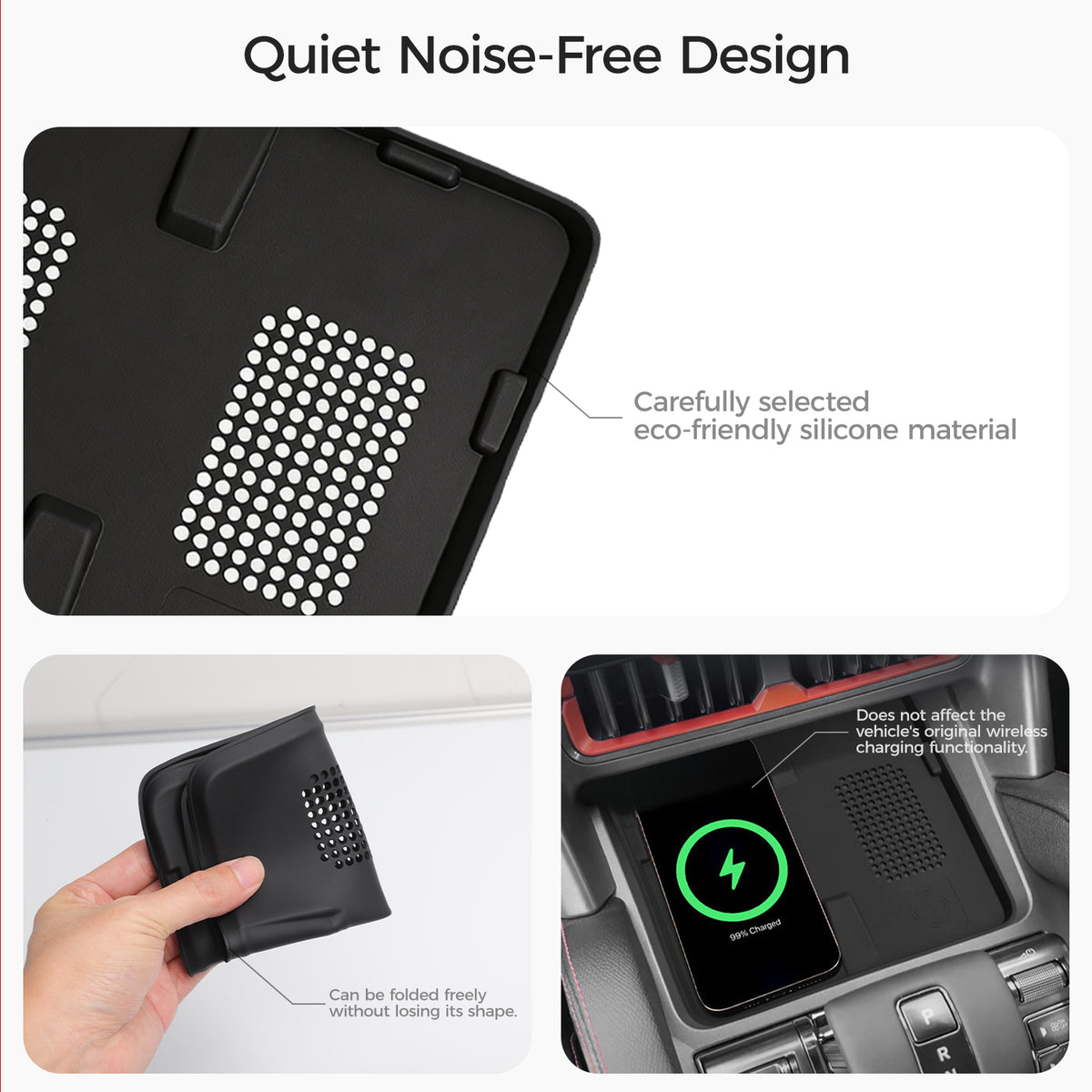 Eco-friendly silicone vehicle console liner showing flexible design and wireless charging fit.