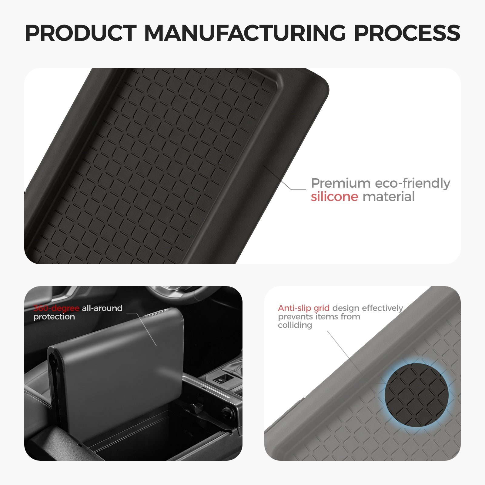 Black eco-friendly silicone center console tray with anti-slip grid design for vehicle protection.