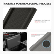 Black eco-friendly silicone center console tray with anti-slip grid design for vehicle protection.