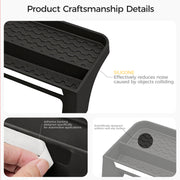 Detail views of a black automotive accessory showing anti-slip surface and adhesive backing.