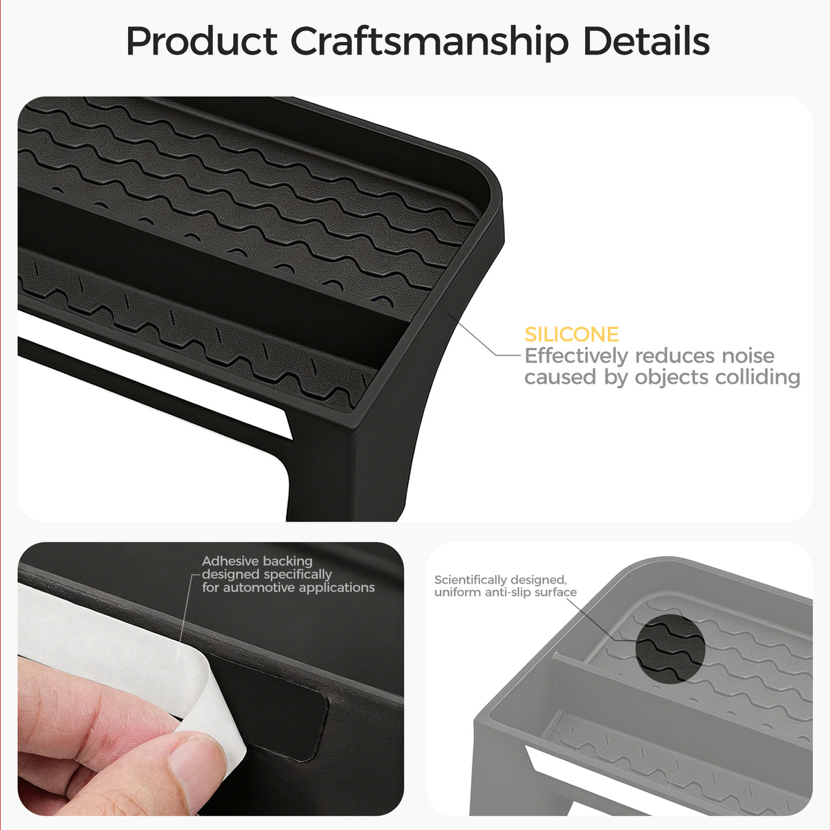 Detail views of a black automotive accessory showing anti-slip surface and adhesive backing.