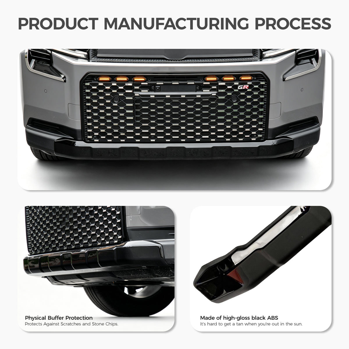 Product manufacturing process for a high-gloss black ABS vehicle bumper protector.