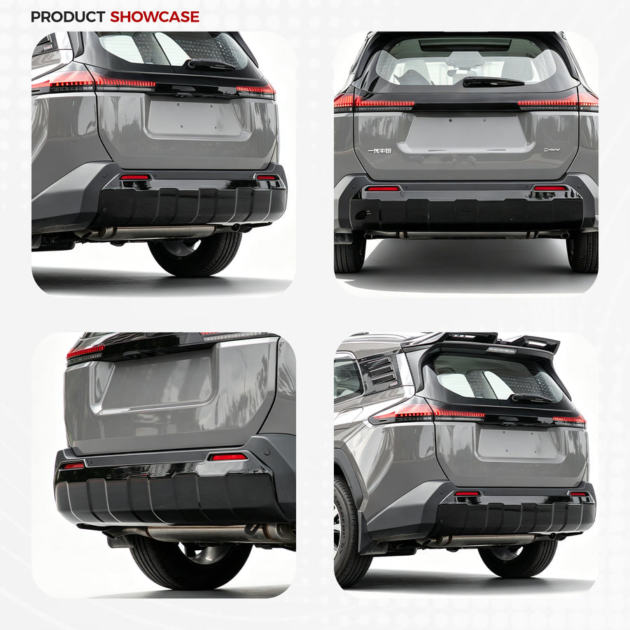 Rear view of a grey 4x4 SUV featuring rugged black bumper protection and custom taillights.