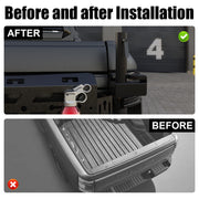 Before and after installation of a black 4x4 off-road rear bumper with recovery points.