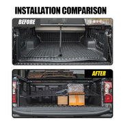 Before and after installation of a black cargo net in a Ford Ranger truck bed.