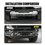Before and after installation comparison of a 4x4 vehicle front bumper guard and skid plate.