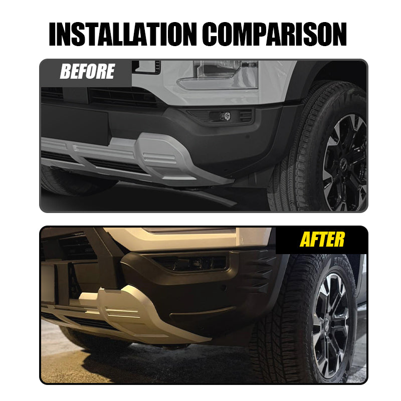 Before and after installation comparison of a 4x4 vehicle front bumper and skid plate.