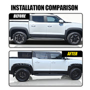 Before and after comparison of black fender flares and side steps installed on a white 4x4 truck.