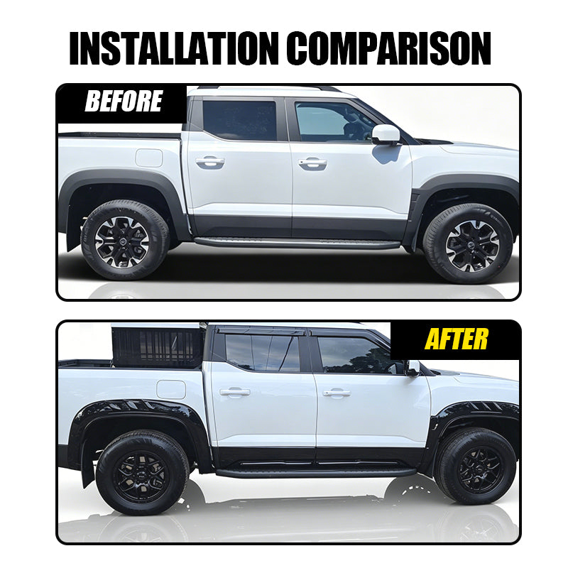Before and after comparison of black fender flares and side steps installed on a white 4x4 truck.