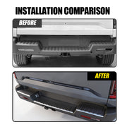 Before and after installation comparison of a black 4x4 vehicle rear bumper protector.