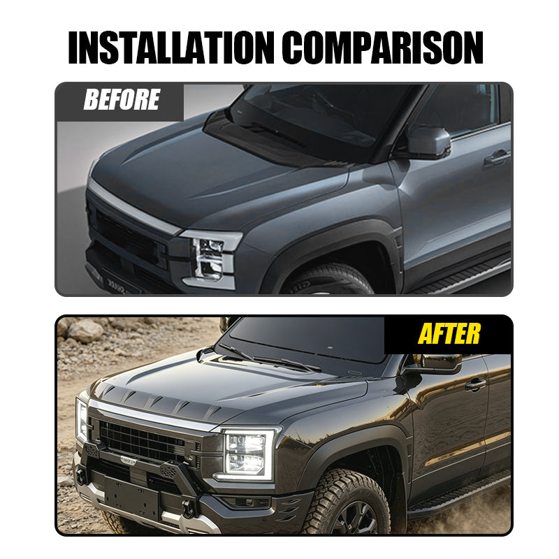 Before and after comparison of a 4x4 vehicle installation with upgraded front grille and accessories.