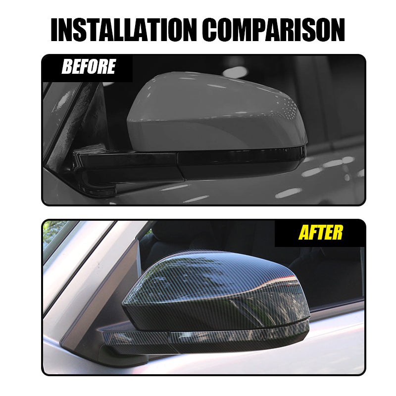 Before and after comparison of a car side mirror with a carbon fiber cover installation.
