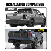 Before and after installation comparison of a black textured tailgate protector on a pickup truck.