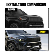 Before and after installation comparison of a black 4x4 truck front grille and bumper.