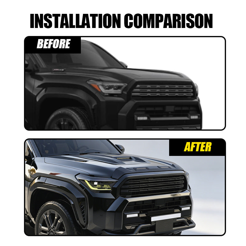 Before and after installation comparison of a black 4x4 truck front grille and bumper.