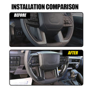 Before and after comparison of a carbon fiber steering wheel trim installation in a vehicle.