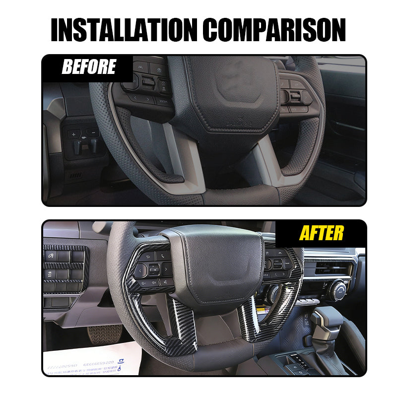 Before and after comparison of a carbon fiber steering wheel trim installation in a vehicle.