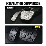 Before and after comparison of black rubber anti-slip vehicle pedal covers installed on car pedals.