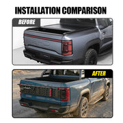 Before and after comparison of a BYD Shark truck with and without a black roll-up tonneau cover.