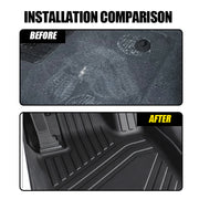 Before and after comparison of a vehicle floor mat installation showing a custom fit upgrade.