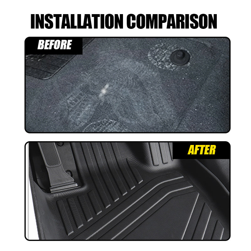 Before and after comparison of a vehicle floor mat installation showing a custom fit upgrade.