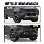 Before and after comparison of 4x4 vehicle front bumper installation.