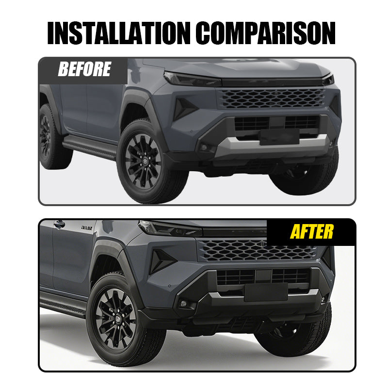 Before and after comparison of 4x4 vehicle front bumper installation.