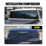 Before and after installation comparison of a black rear window louvers on a white 4x4 vehicle.