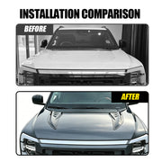 Before and after installation comparison of a custom vehicle hood scoop accessory.