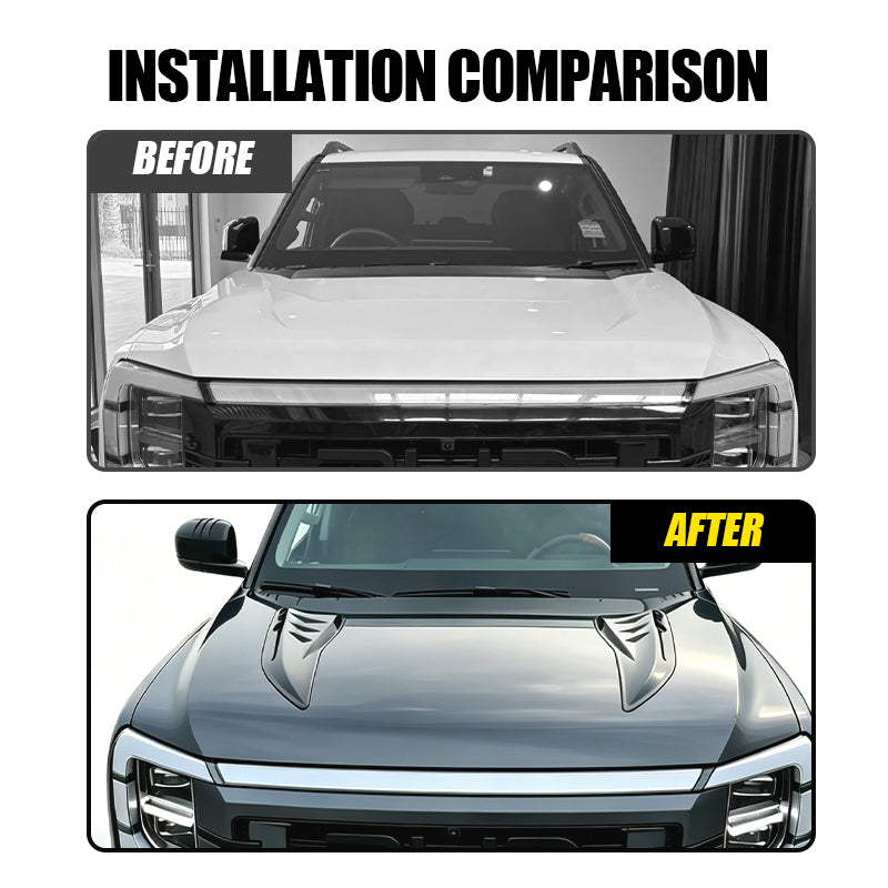 Before and after installation comparison of a custom vehicle hood scoop accessory.
