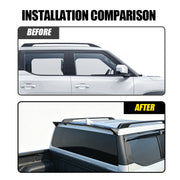 Before and after installation comparison of black window deflectors on a white 4x4 vehicle.