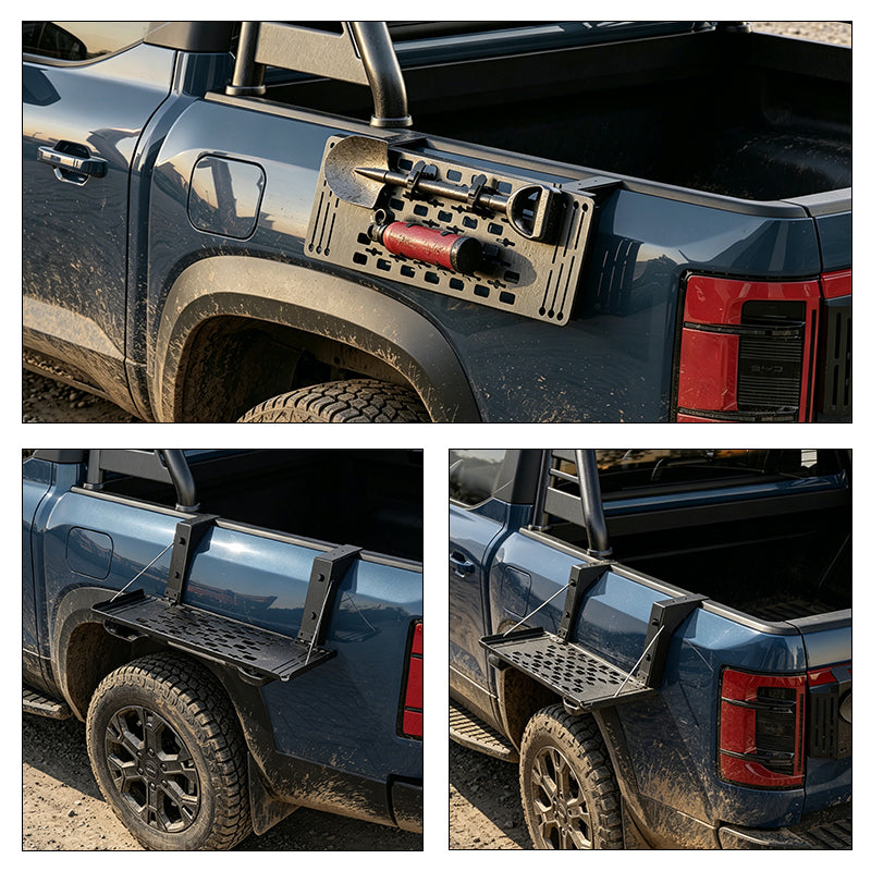 Black modular gear organizer panel mounted on the side of a blue 4x4 pickup truck bed.