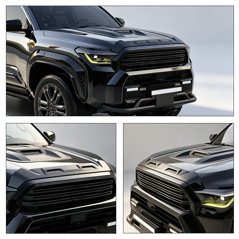 Front view and close-ups of a black customized 4x4 truck with off-road accessories.