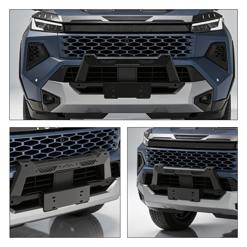 Black steel front license plate bracket for a blue 4x4 vehicle
