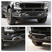 Black heavy-duty front bumper guard with integrated LED fog lights for 4x4 off-road vehicles.