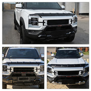 Front view of a white 4x4 truck featuring a black hood protector and grill guard.