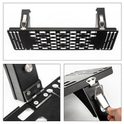 Black heavy-duty metal roof rack tray with folding support brackets for 4x4 vehicle storage.