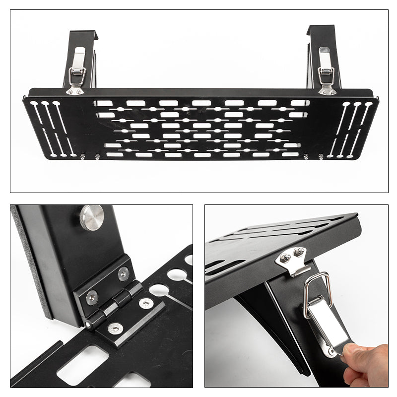 Black heavy-duty metal roof rack tray with folding support brackets for 4x4 vehicle storage.