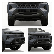 Front views of a grey SUV featuring a black rugged front bumper and grille.