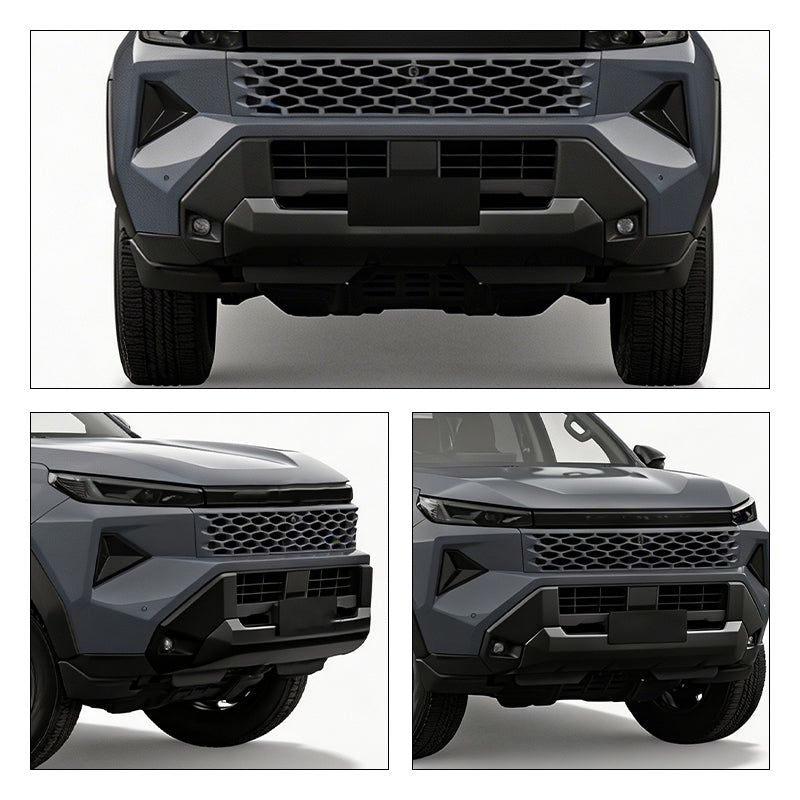 Front views of a grey SUV featuring a black rugged front bumper and grille.