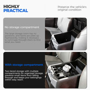 Comparison of car center console storage with and without an organizer insert.