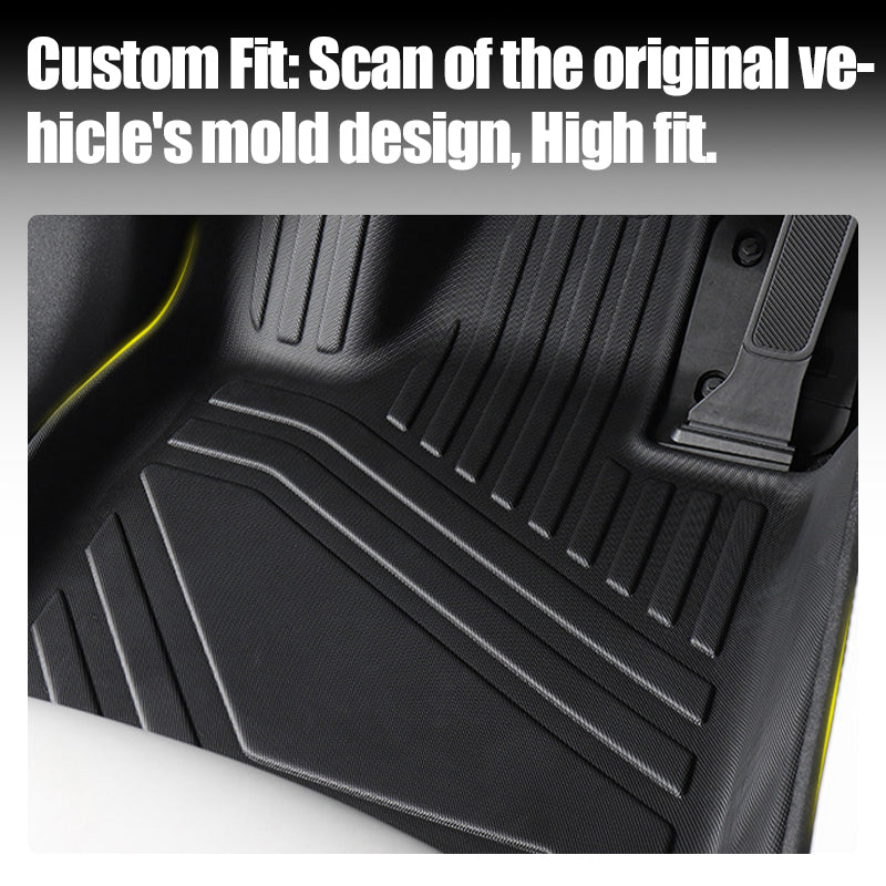 Custom fit black rubber vehicle floor mat with textured grip and molded design