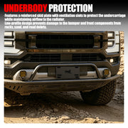 Off-road vehicle underbody protection featuring a reinforced skid plate and front bumper guard.