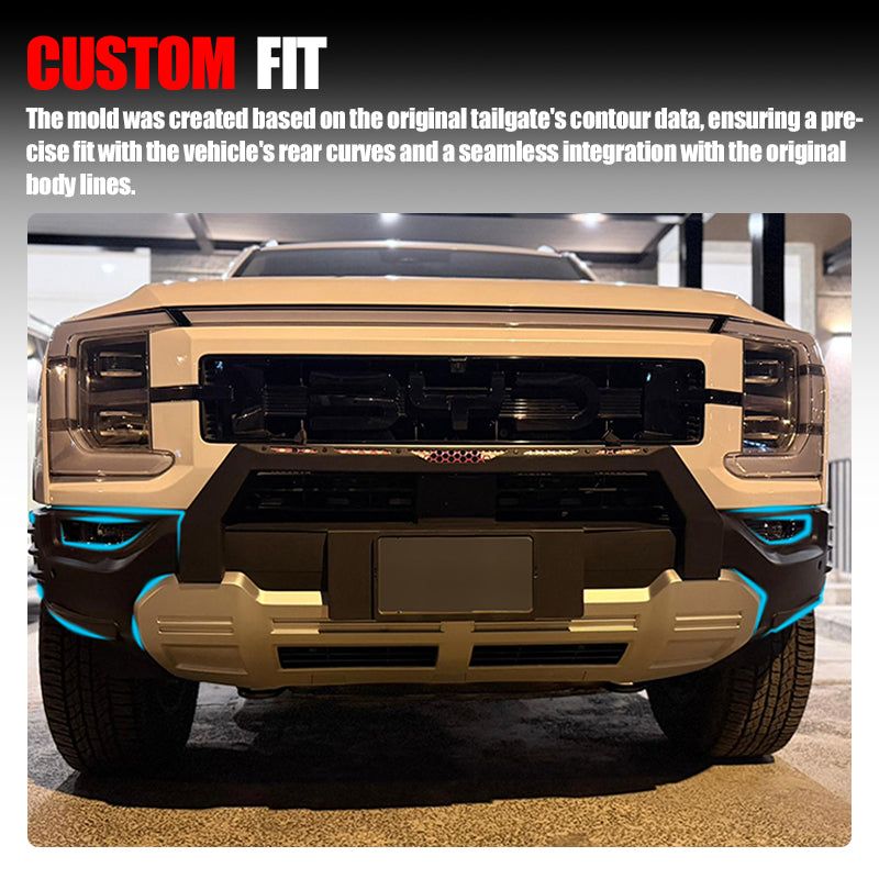 Custom fit front bumper for off-road 4x4 vehicles with integrated lighting.