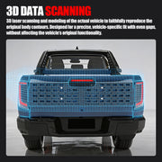 3D laser scanning visualization of a blue pickup truck tailgate for a precise fit.